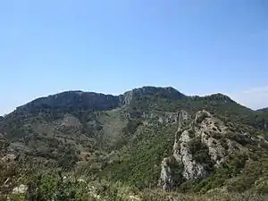 View of 942 m high Xàquera or La Creu de Santos, the highest summit of the range