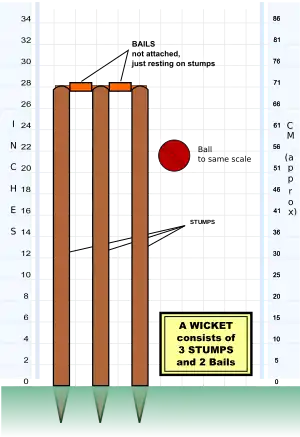 Image 6A wicket consists of three stumps, upright wooden poles that are hammered into the ground, topped with two wooden crosspieces, known as the bails. (from Laws of Cricket)