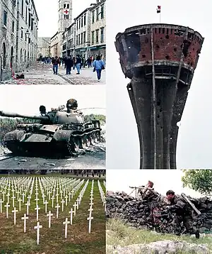 Image 66Clockwise from top left: The central street of Dubrovnik, the Stradun, in ruins during the Siege of Dubrovnik; the damaged Vukovar water tower, a symbol of the early conflict, flying the Croatian tricolor; soldiers of the Croatian Army getting ready to destroy a Serbian tank; the Vukovar Memorial Cemetery; a Serbian T-55 tank destroyed on the road to Drniš (from History of Croatia)