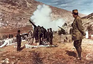 Crown Prince Constantine I watching the heavy guns shelling Bizani, by Georges Scott, during the Battle of Bizani