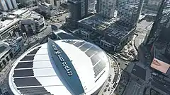 Aerial view of Crypto.com Arena in 2023.