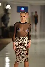 Image 25A see-through top worn along with pasties by a model at a fashion show in US, 2017. Such fashion trends get popularised through media. (from Fashion)