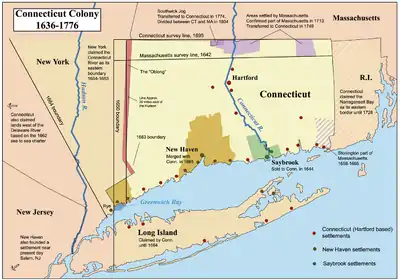 Image 7Map showing the Connecticut, New Haven, and Saybrook colonies and the CT-NY dispute (from History of Connecticut)