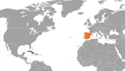 Map indicating locations of Cuba and Spain