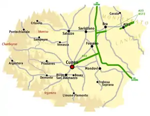 Map of Cuneo Province with the plains in light yellow, the mountains in tan, the main roads in gray and the autostrada in red.