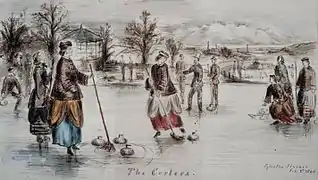 Curling at the Eglinton Flushes (Weirston) in 1860. Arran can be seen in the background as well as the Eglinton steelworks.