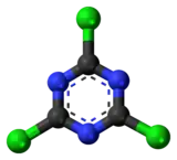 Ball-and-stick model of the cyanuric chloride molecule