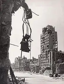 Heavily damaged skyscraper after the war