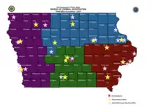 A map displaying the location of all DCI offices in the state of Iowa.