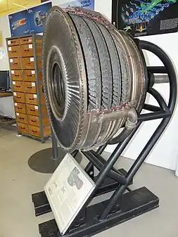 V2500 low pressure turbine. Part of the power from this turbine drives the inner part of the fan and 3 booster stages which contribute to the performance of the core. The other part transfers energy to the bypass air by driving the much larger outer part of the fan.