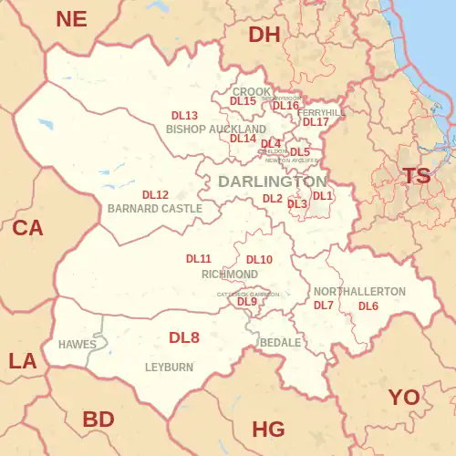 DL postcode area map, showing postcode districts, post towns and neighbouring postcode areas.