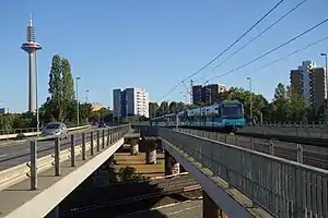 Elevated route for motorway and subway at Rosa-Luxemburg-Straße, facing Ginnheim; Europaturm tower on the left