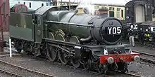 British GWR Castle Class locomotive Earl Bathurst. The Belpaire firebox is the square shape in front of the cab.