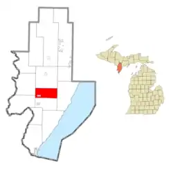 Location within Menominee County (red) and the administered village of Daggett (pink)