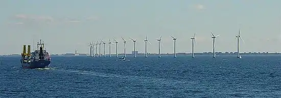 Wind often flows briskly and smoothly over water since there are no obstructions, which is why the location was chosen. The large and slow turning turbines of this offshore wind farm near Copenhagen take advantage of the moderate yet constant breezes at this location. While the wind at this location is not strong it is very consistent, with the turbines generating substantial power over 97 percent of the time.