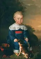 German boy, mid 18th-century, with gun, hat and dog.