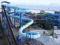 View from Southeast corner of waterpark showing Blackbeard's Revenge (closer), 3-slide Poseidon's Pass complex (center) and Adventure Mountain (distant)