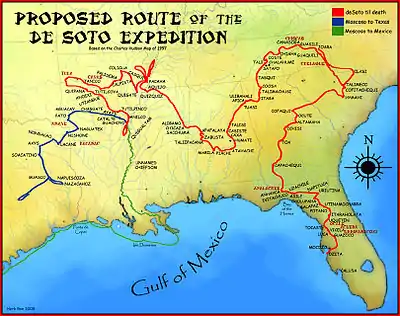 Image 4A proposed route for the de Soto Expedition, based on Charles M. Hudson map of 1997 (from History of Mississippi)