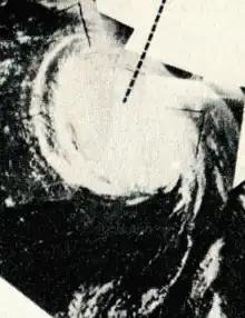 Black and white satellite image of a hurricane showing organised structure but no cyclonic eye. The hurricane appears to the right of the image, and the curvature of the Earth is visible.