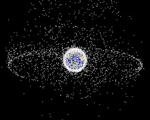 Image 44A computer-generated image mapping the prevalence of artificial satellites and space debris around Earth in geosynchronous and low Earth orbit (from Outer space)