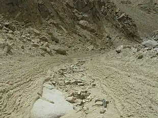 Debris flows filling a gully after intense storms of 2010 in Ladakh in the Himalayas.