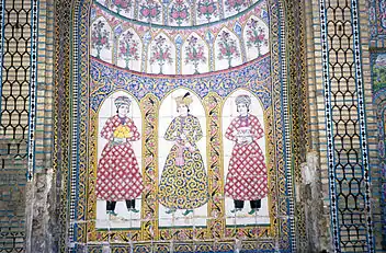 Wall painting depicting three Qajari figures.