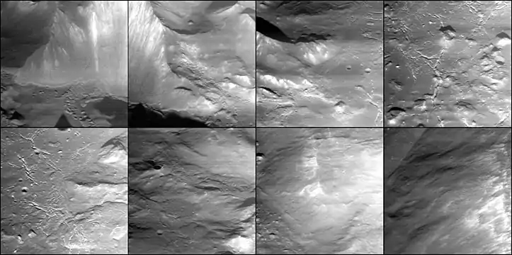 Sequence of adjacent but non-overlapping images acquired by MESSENGER NAC of the interior of Degas.  All images are oblique and looking northwest.  The upper left three images show the central peak.  The upper right and lower left images show the fractured crater floor.  The two central bottom images show terraces and flow structures on the northern slope of the crater wall.  The lower right image shows the crater rim.  Distance across foreground in each image is approximately 2.5 km.