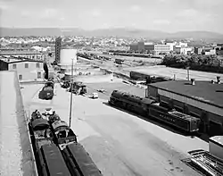 A black and white photo showing the Delaware, Lackawanna and Western Railroad Yard-Dickson Manufacturing Co. Site