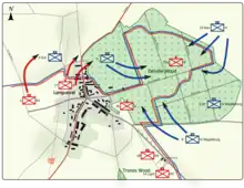 Colour map image depicting town and wood to the right of the town. Shows main access routes and positions of Allied and German forces on 17 July 1916