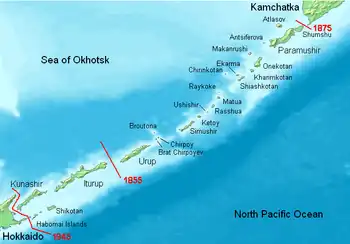 Image 63The Kuril Islands, with their Russian names. The borders of the Treaty of Shimoda (1855) and the Treaty of St. Petersburg (1875) are shown in red. Currently, all islands northeast of Hokkaido are administered by Russia. (from Geography of Japan)