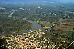 Aerial view of Demopolis. The confluence of the Tombigbee and Black Warrior rivers is visible in the center of the picture. View is looking to the northwest.