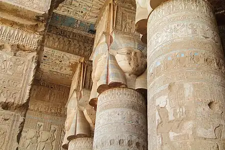 Ancient Egyptian mascarons of Hathoric column capitals from the Dendera Temple complex, Dendera, Egypt, unknown architect, 1st century AD