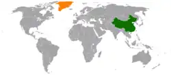 Map indicating locations of China and Denmark