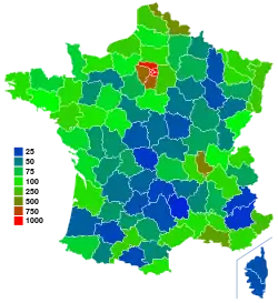 Map of population density by department, showing the empty diagonal in blue.