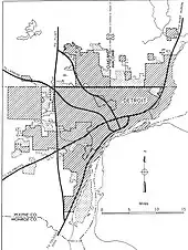 Black and white map from the General Location of National System of Interstate Highways Including All Additional Routes at Urban Areas Designated in September 1955 (from Michigan State Trunkline Highway System)