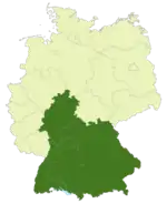 Map of Germany with the area of the Regionalliga Süd highlighted