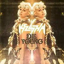 A Caucasian female with blond braids and a floral diadem. She is sparsely clothed in a suit of leather strips. Her back to a mirror, her reflection is symmetrically depicted with the words "Kesha" and "Die Young" appearing in the center.