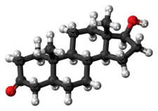 A ball-and-stick model of dihydrotestosterone.