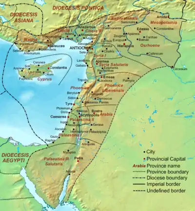 Geophysical map of the Levant showing the late Roman provinces and major cities