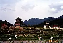 A distant view with farmers working in the foreground