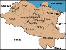 Map showing Çamaş District in Ordu Province