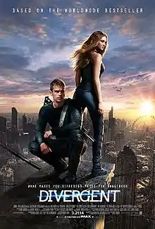 Lead characters Tris and Four stand above a futuristic Chicago.