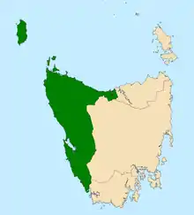 Map of the Tasmanian House of Assembly divisions, Braddon highlighted in green.