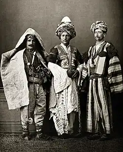 Left to right: Kurd from Diyarbakir, Kurd from Mardin, and a Kurd from Jazira in 1873, Ottoman Empire.