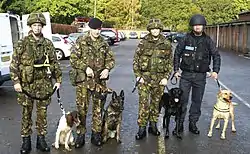 MoD Guard Serviceman taking part in a Arms/Explosives Dog Handling course with members of the British Army