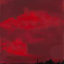 Cover art for "Paint the Town Red": a painting of a red sky, with a silhouette of a skyline in the bottom right corner