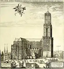 Utrecht Cathedral from the north, before the collapse of the nave. Etching after Steven van Lamsweerde, 1660