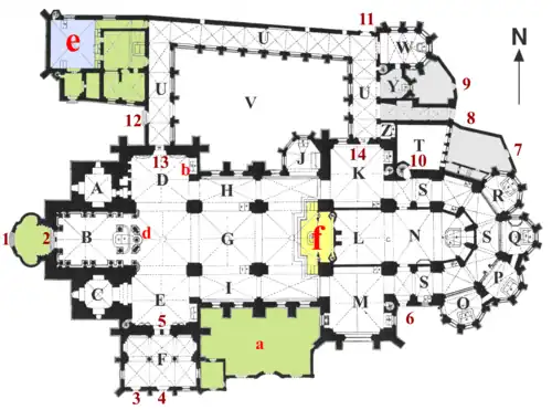 Ground plan c. 1761Letters = Rooms, Numbers = Passageways. Green = Rooms which no longer exist; Yellow = former Apostelgang Blue = former Old Cathedral