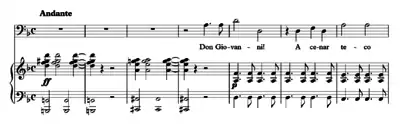 Image 25The opening bars of the Commendatore's aria in Mozart's opera Don Giovanni. The orchestra starts with a dissonant diminished seventh chord (G# dim7 with a B in the bass) moving to a dominant seventh chord (A7 with a C# in the bass) before resolving to the tonic chord (D minor) at the singer's entrance. (from Classical period (music))