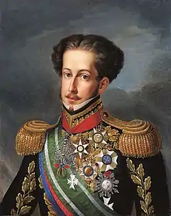 Half-length painted portrait of Pedro, wearing a uniform with gold epaulettes and the Order of the Golden Fleece on a red ribbon around his neck and a striped sash of office across his chest